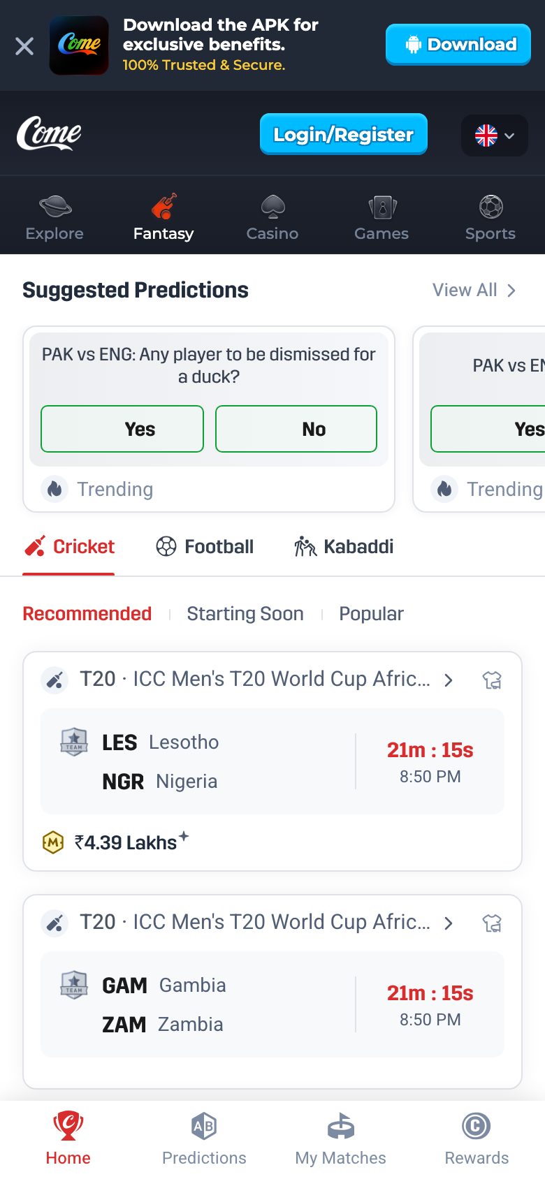 Fantasy screen with Cricket selected, a predictions row, and Recommended match cards.
