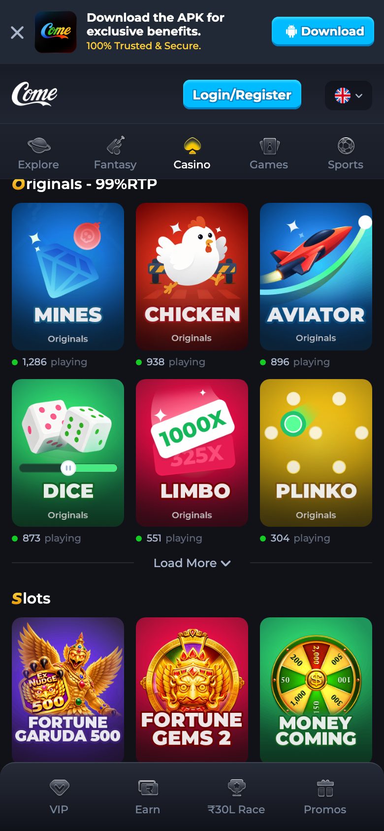 Originals row on the channel, including Mines, Dice, and Plinko.